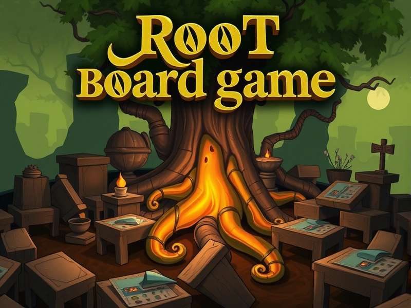 A collection of all Root expansion faction boards and pieces laid out on a forest-themed table