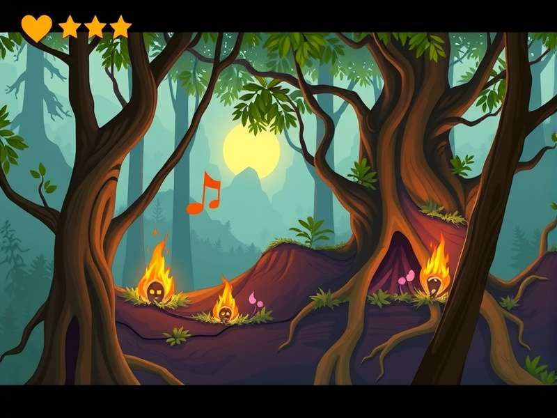 A composer working on the Root game soundtrack with musical notes and game art overlayed