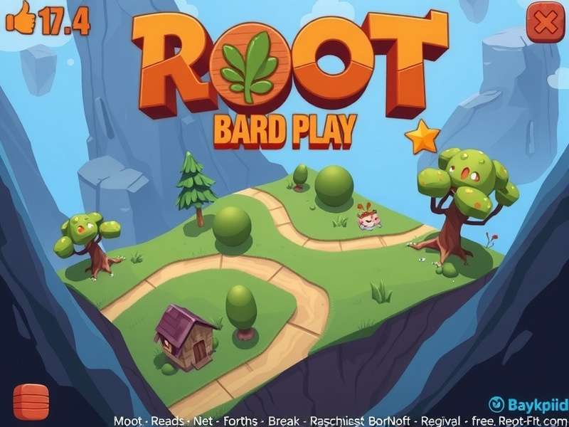 A detailed overhead shot of a Root board game in progress, showing various faction pieces and cards