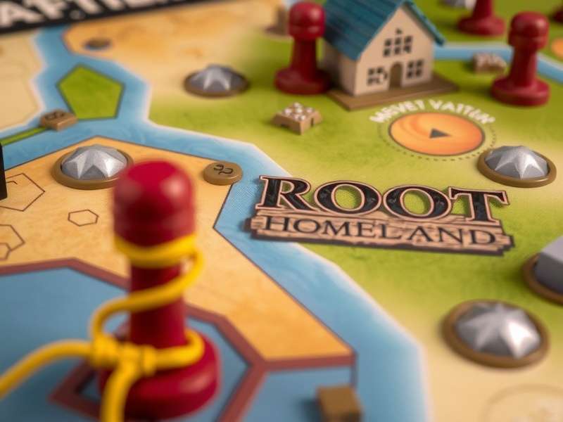 Root Board Game Homeland Expansion box and components laid out on a wooden table