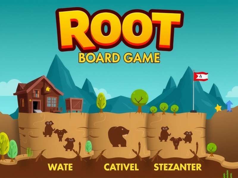 A complete Root board game setup showing the game board, faction pieces, cards, and tokens