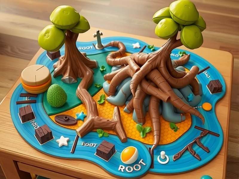 Detailed illustration of the Root board game board showing 12 clearings with suit symbols, paths, and river routes.