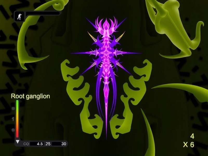 Abstract illustration of the Dorsal Root Ganglion as a glowing neural network overlaying a forest map, with Root Game faction icons.